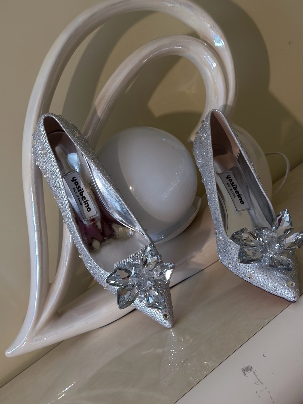 Crystal Embellished Pointed Toe Pumps in Silver - Picture 11 of 16